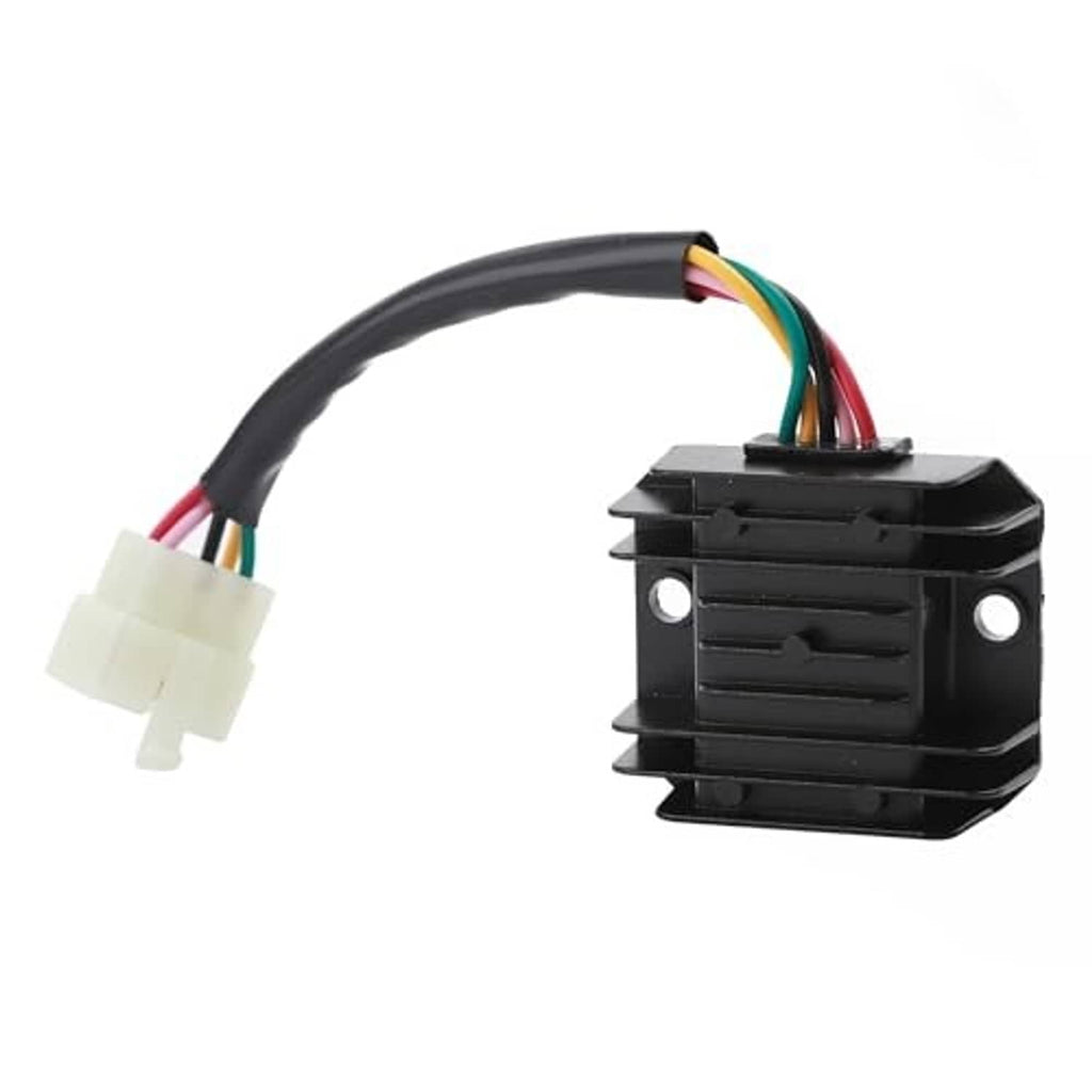 Black voltage regulator rectifier with finned body, 5-pin white connector and colored wire bundle