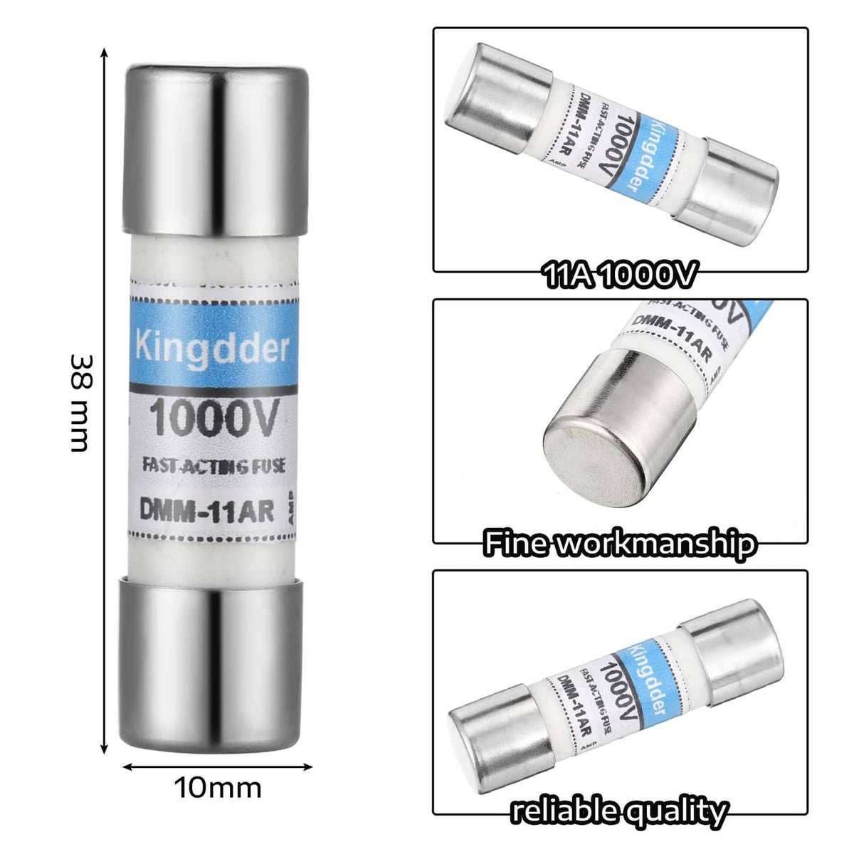 Kingdder 1000V fast-acting fuse cartridge, silver ceramic body with blue DMM-11AR label.