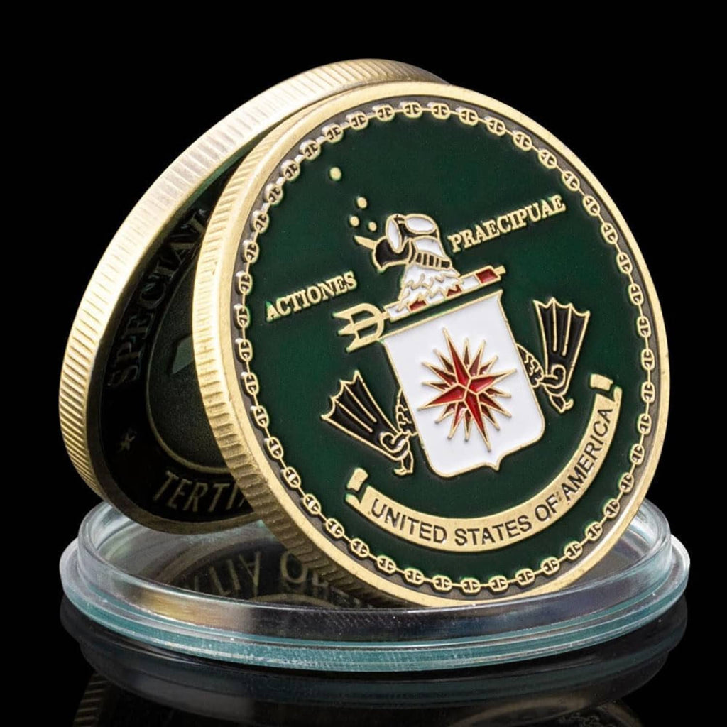 Green military challenge award coin displayed in clear stand base