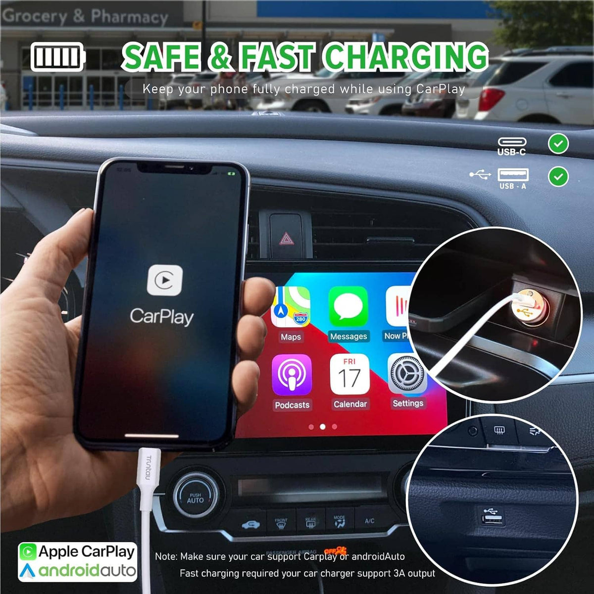Hand holding a smartphone connected to a USB-C cable in a car dashboard