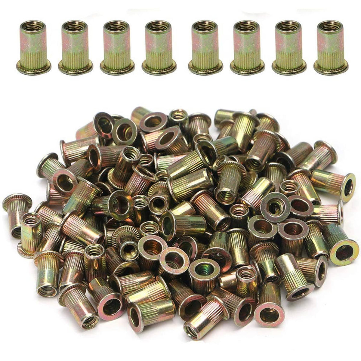 Gold rivet nut inserts with internal threads, 3/8-16 size, multiple pieces shown