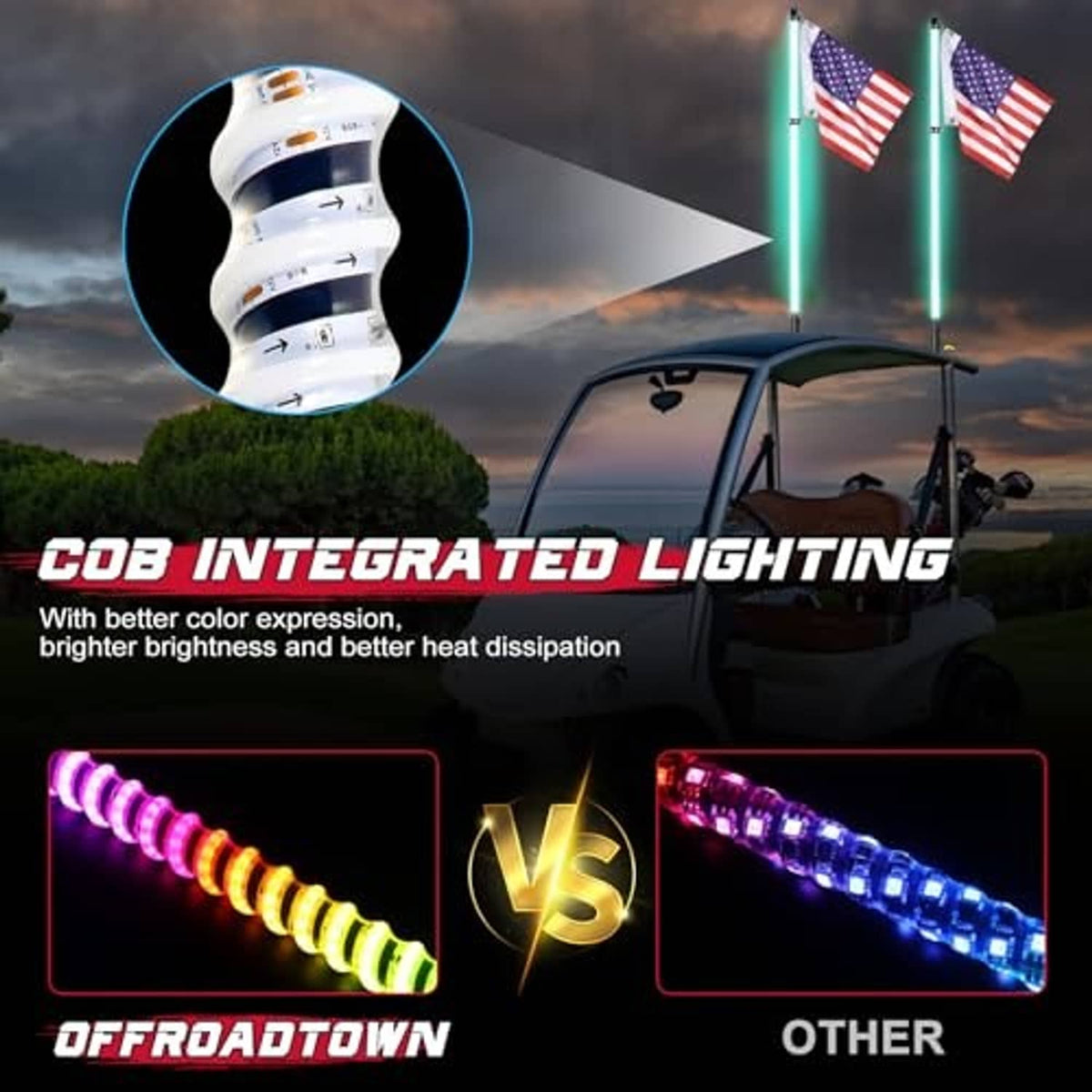 COB integrated LED whip light with bright purple and orange sections
