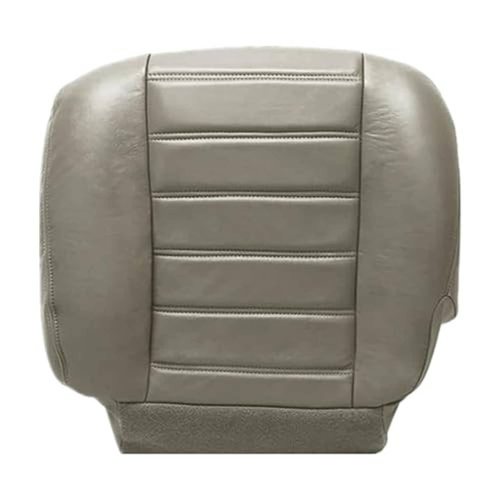 Gray synthetic leather seat cover with centered horizontal seam rows and rounded side bolsters