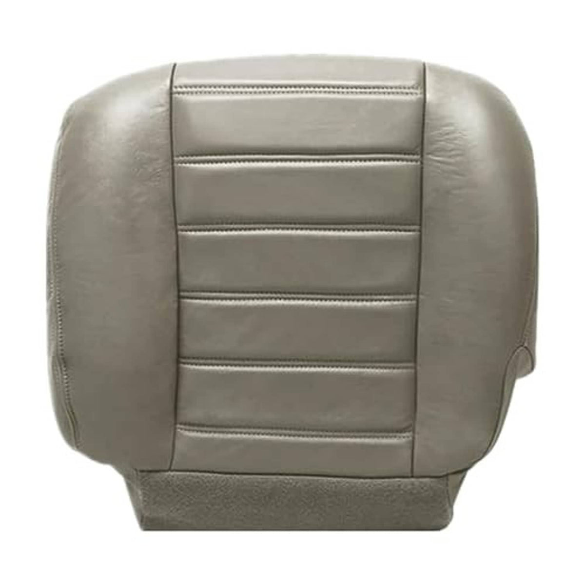 Gray synthetic leather seat cover with centered horizontal seam rows and rounded side bolsters