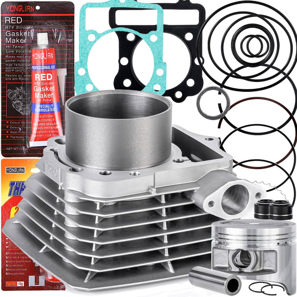 Cylinder piston top end rebuild kit with silver cylinder, piston, and black and blue gaskets