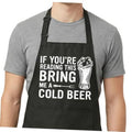 Black BBQ apron with bold text and beer mug graphic, front pocket, adjustable neck strap