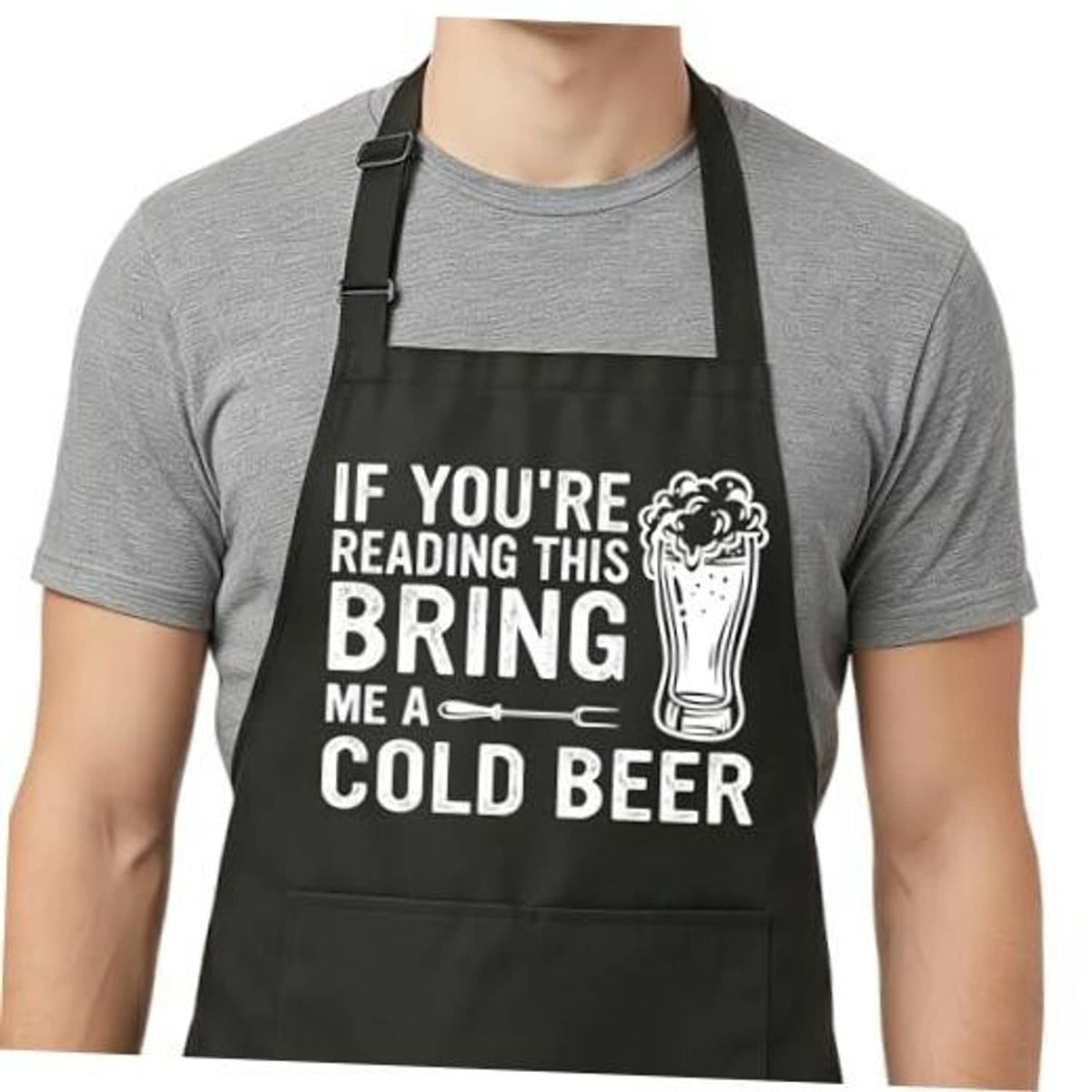 Black BBQ apron with bold text and beer mug graphic, front pocket, adjustable neck strap