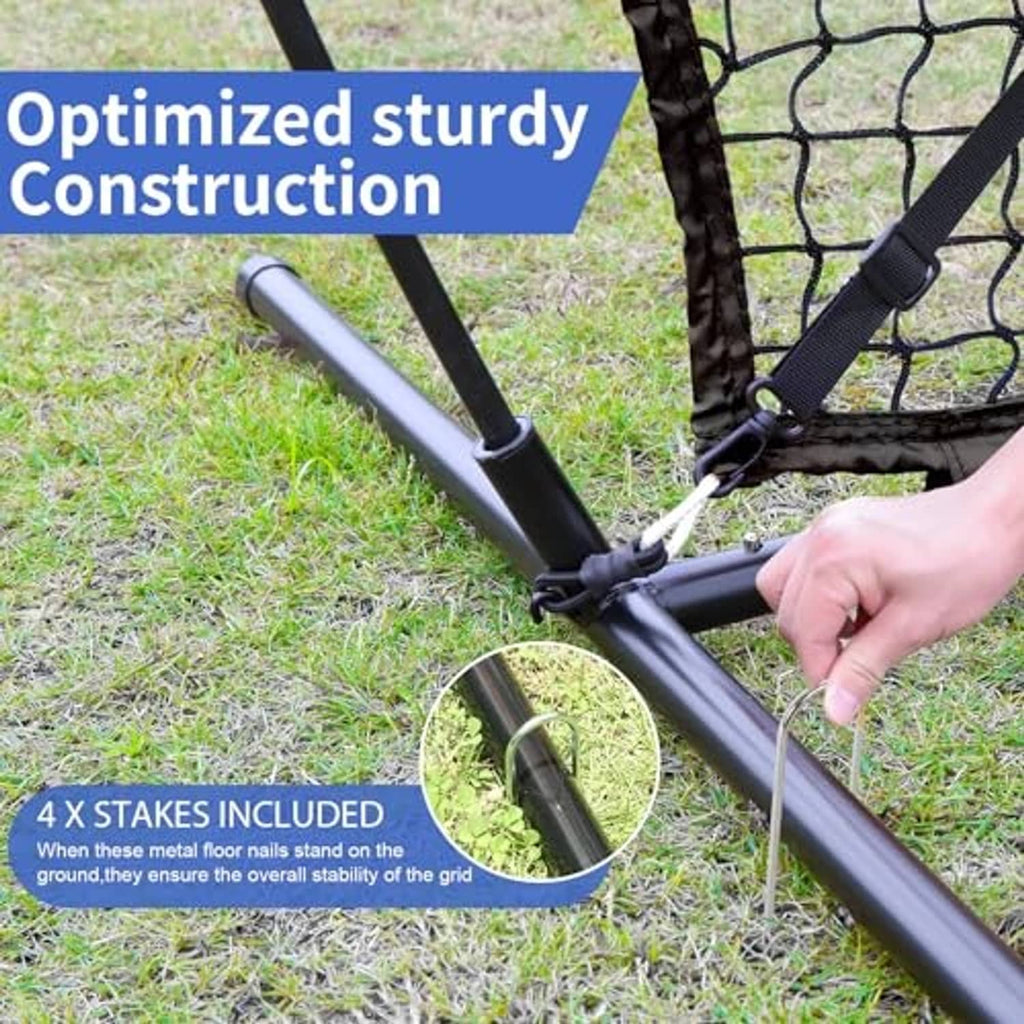 Baseball net frame with stakes and strap on grass for secured setup