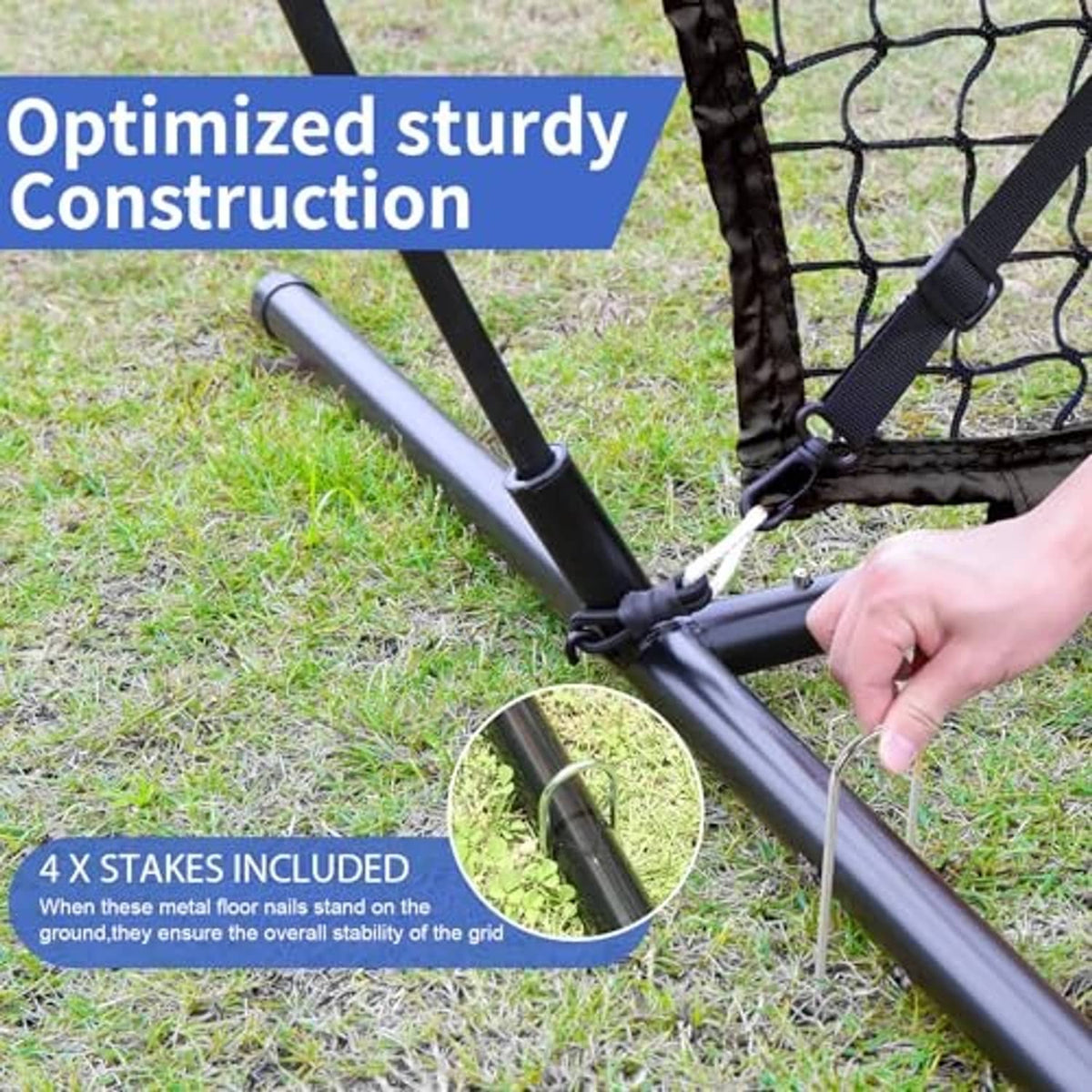 Baseball net frame with stakes and strap on grass for secured setup