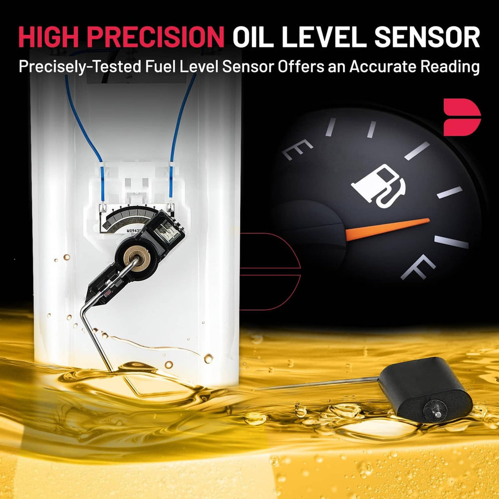 Fuel pump module with oil level sensor float and mounting bracket, close-up