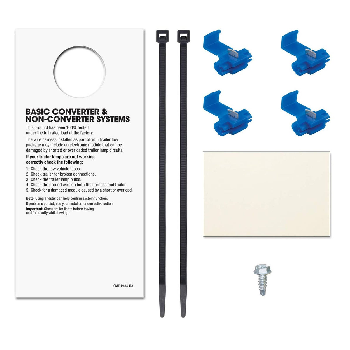 Converter instructions, two black zip ties, blue wire taps, and mounting screw