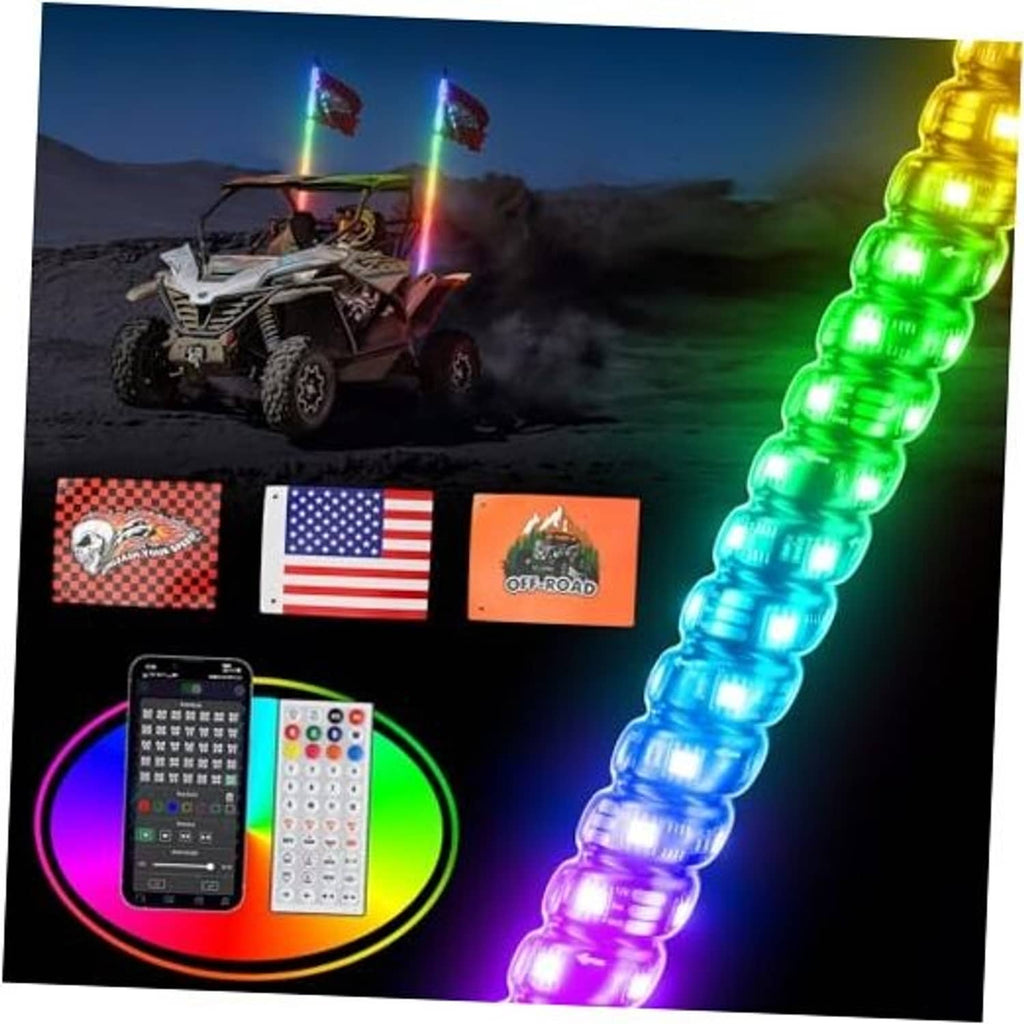RGB LED whip light with spring base, blue-to-green glow, with UTV-mounted controller