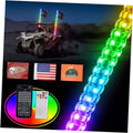 RGB LED whip light with spring base, blue-to-green glow, with UTV-mounted controller