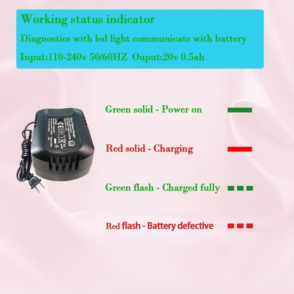 Black battery charger showing LED charging status indicator