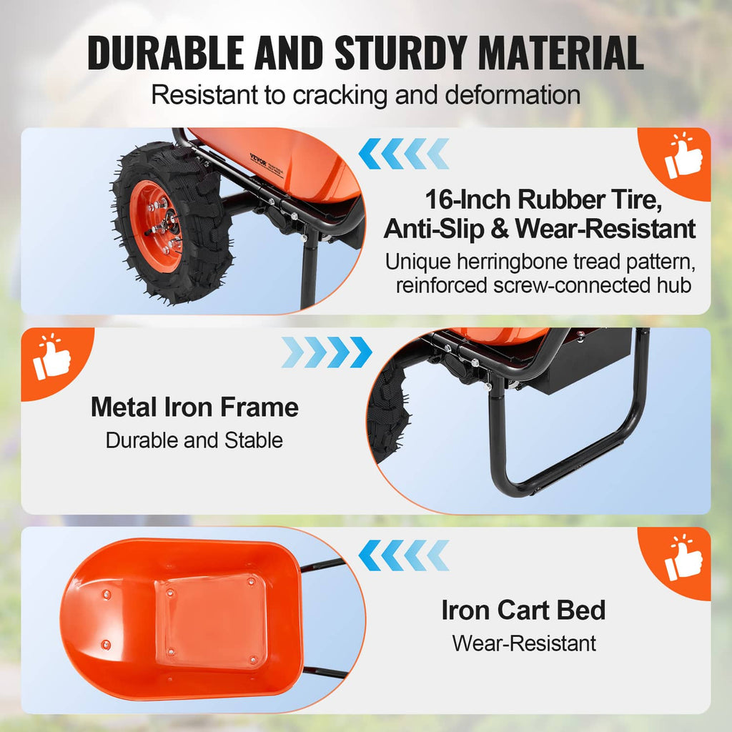 Electric wheelbarrow cart detail: rubber tires, metal frame, iron bed