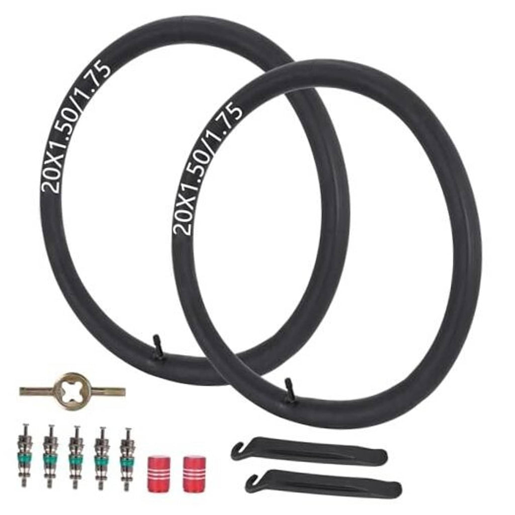 20-inch black bicycle inner tubes, Schrader valve, with tire levers and valve tools