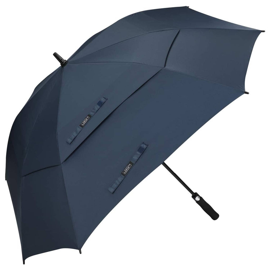 Navy blue square vented golf umbrella with front side panels and straight handle