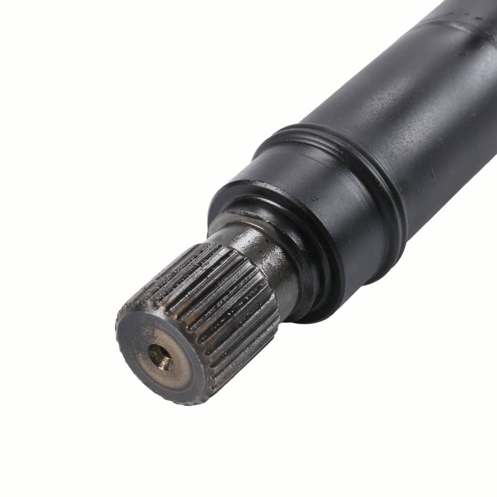 Front drive shaft splined connector with ribbed collar, black metal close-up