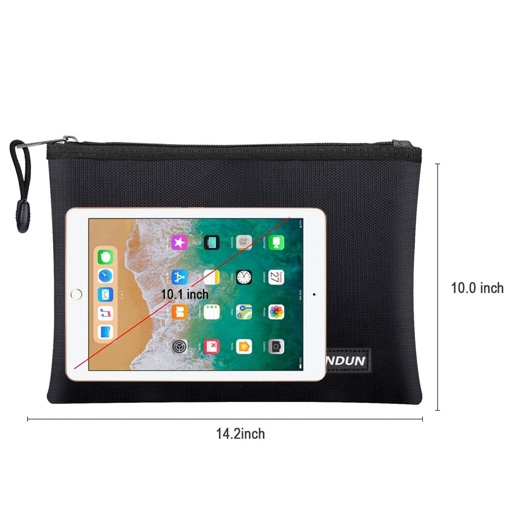Black fireproof document bag with zip top, JUNDUN logo, fits a 10-inch tablet.