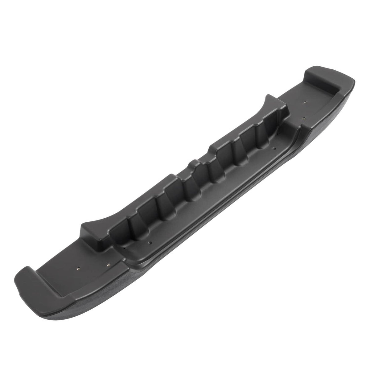 Dark gray rear bumper insert with textured tread pattern and mounting tabs