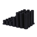Black front and rear A-arm bushing kit with multiple cylindrical rubber sleeves