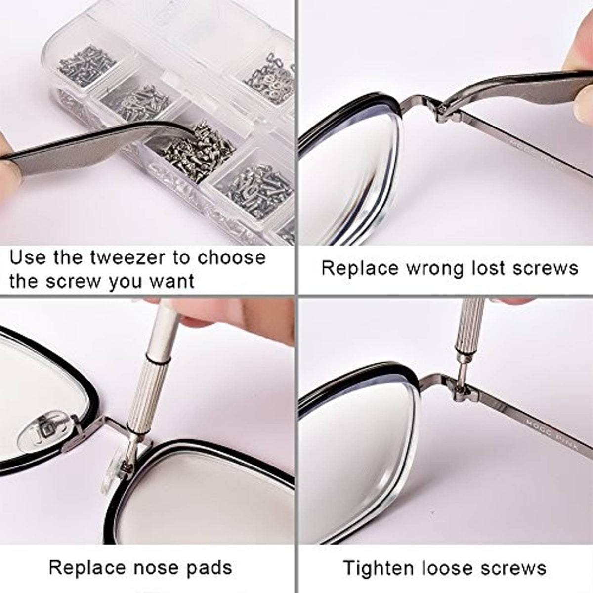 Eyeglasses screw repair using tweezers to select and tighten tiny replacement screws