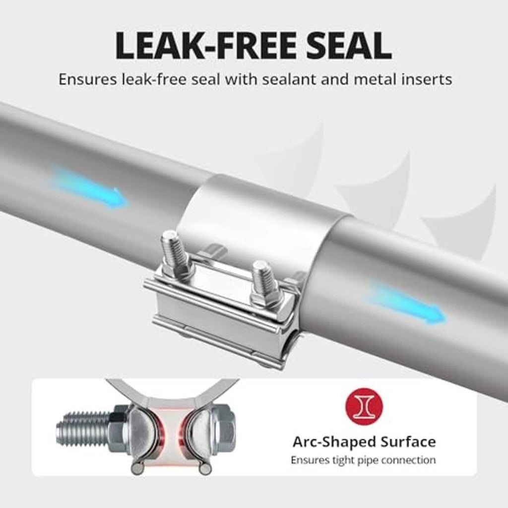 Stainless exhaust band clamp sleeve coupler with sealant-ready metal inserts, silver