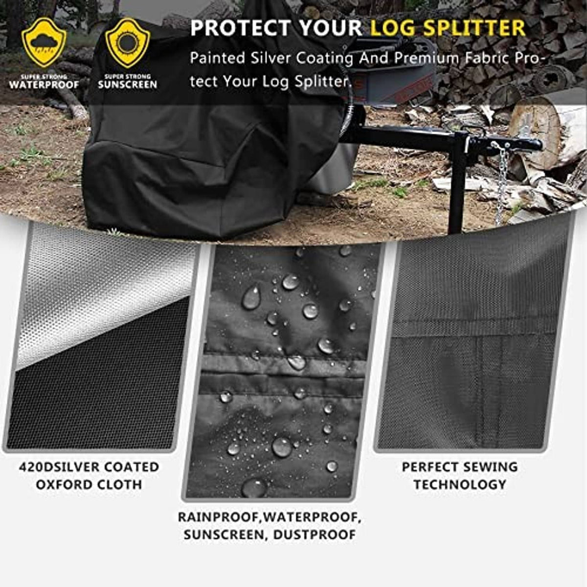 Black log splitter cover with water-resistant oxford cloth panels