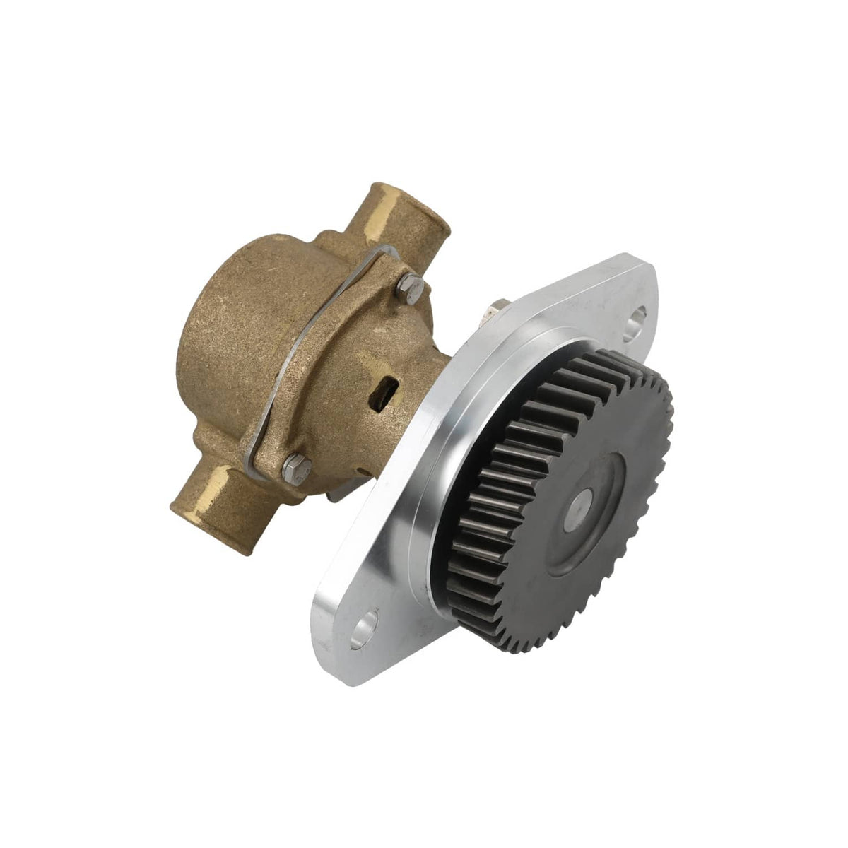 Raw water pump side view with silver flange and black toothed gear disc