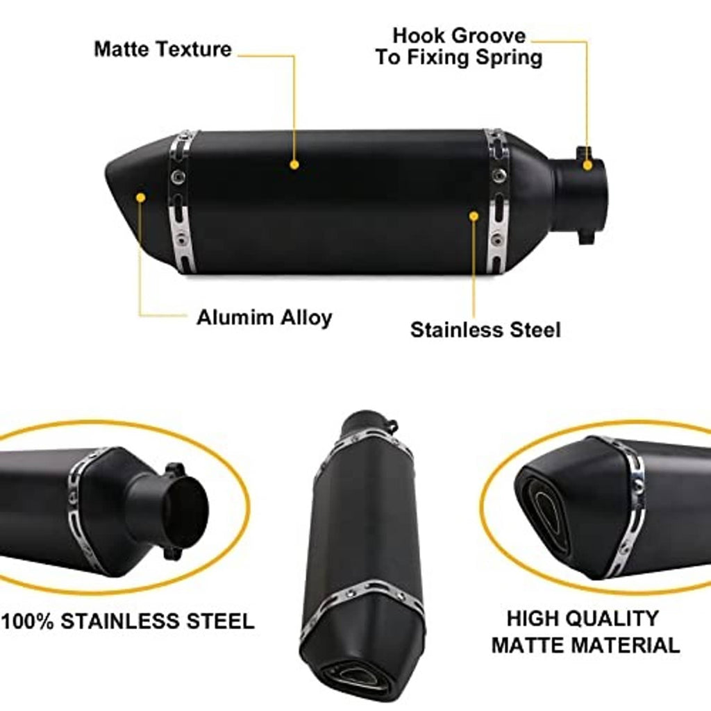 Matte black exhaust muffler with aluminum alloy and stainless steel construction labels