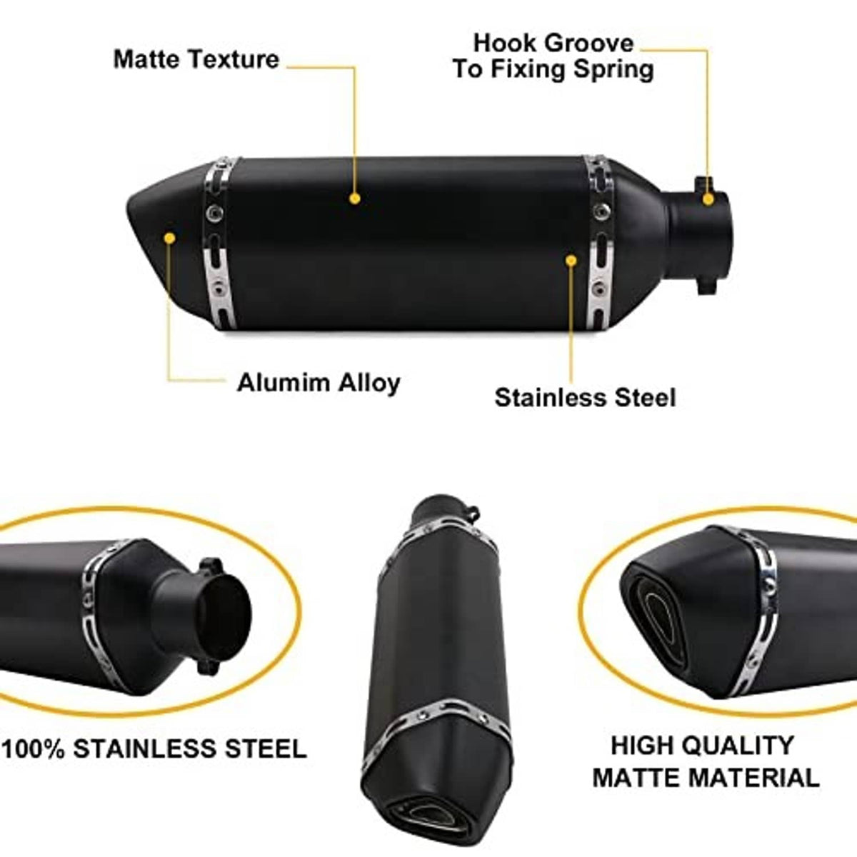 Matte black exhaust muffler with aluminum alloy and stainless steel construction labels