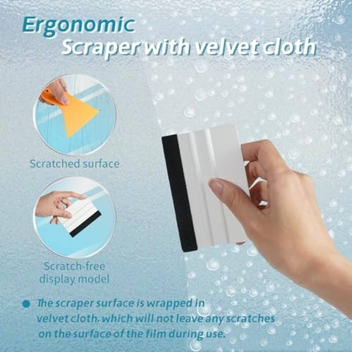 Ergonomic felt scraper for car tint, held by hand on a wet window surface