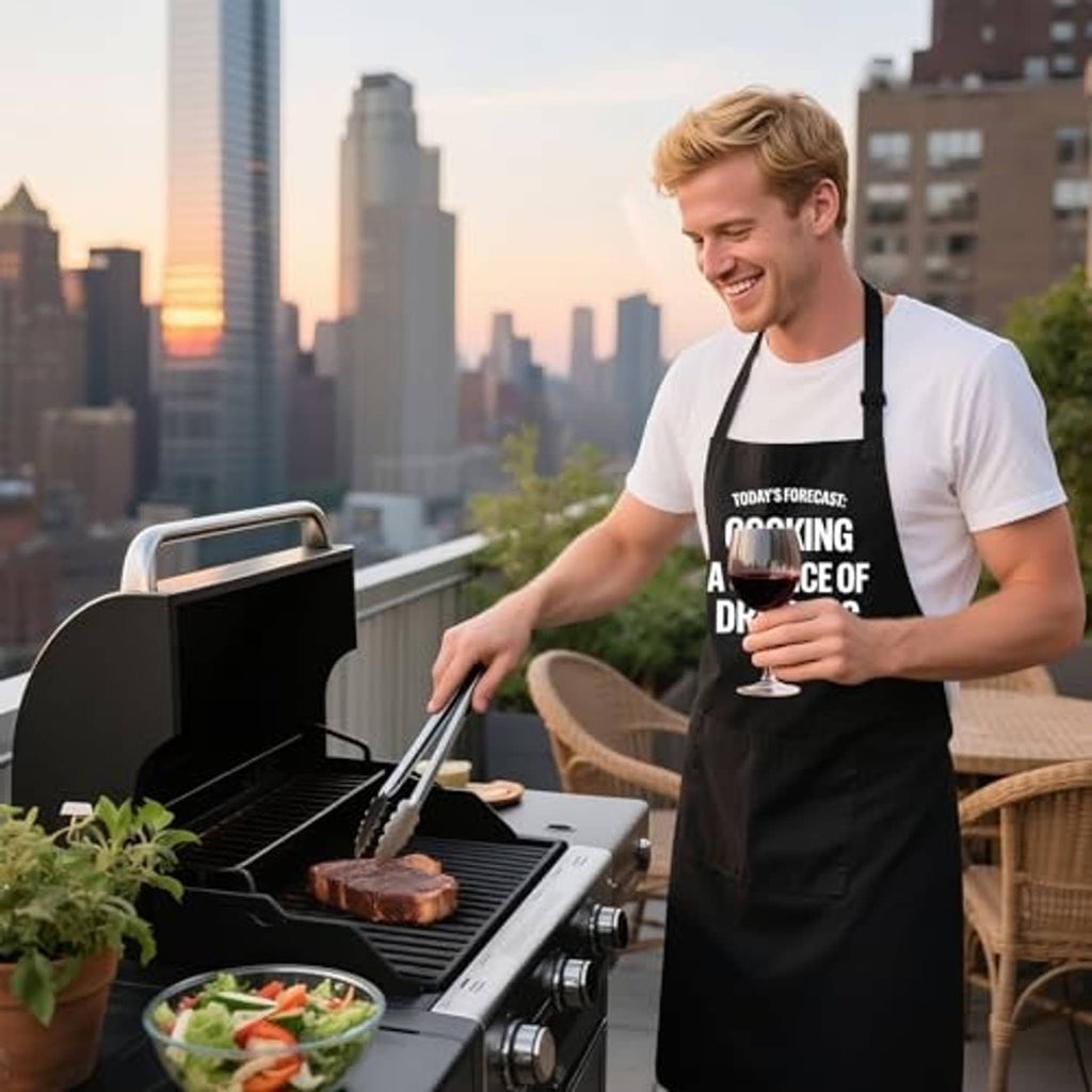 Men's black grill apron with “Cooking” slogan grilling on an outdoor BBQ