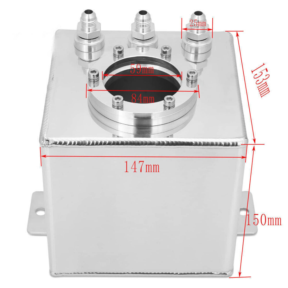 Aluminum fuel surge tank with top fittings and labeled dimensions: 147mm wide, 150mm tall