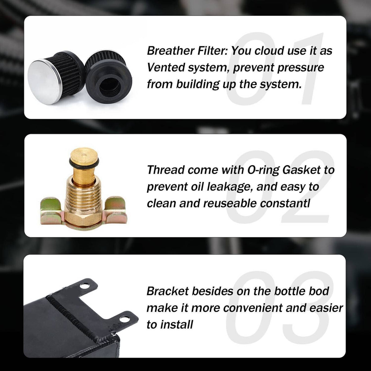 Breather filter tops and brass threaded valve pieces for dual oil catch can assembly