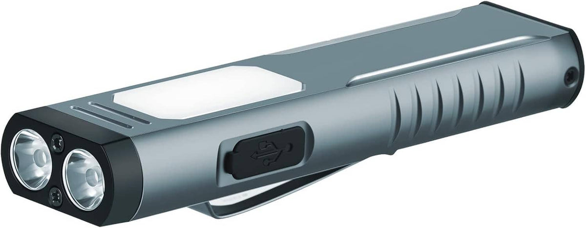 Flat pocket rechargeable flashlight with two front lenses, dark gray metal finish