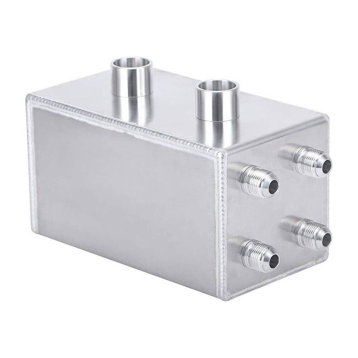 Aluminum oil catch can with two top mounting ports and three side fittings