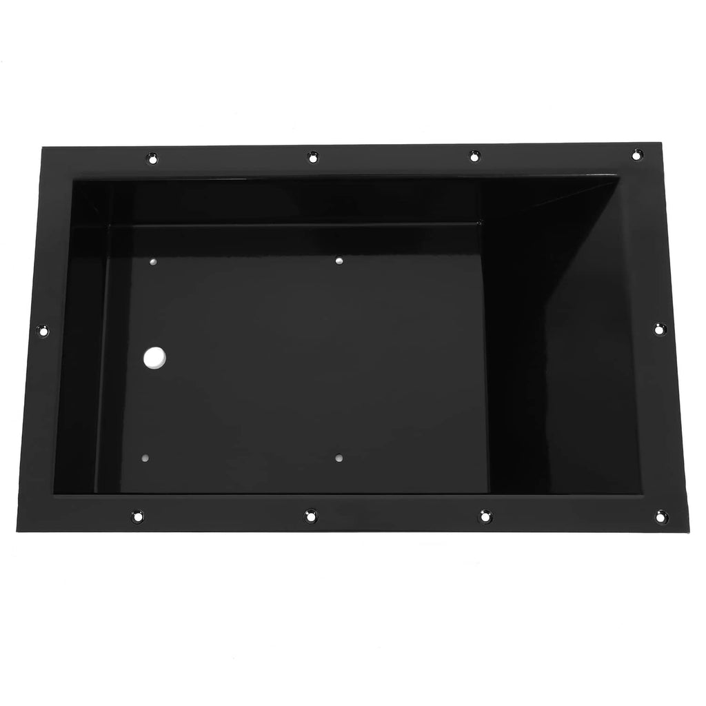 Recessed trolling motor foot pedal pan, open black interior with bolt holes