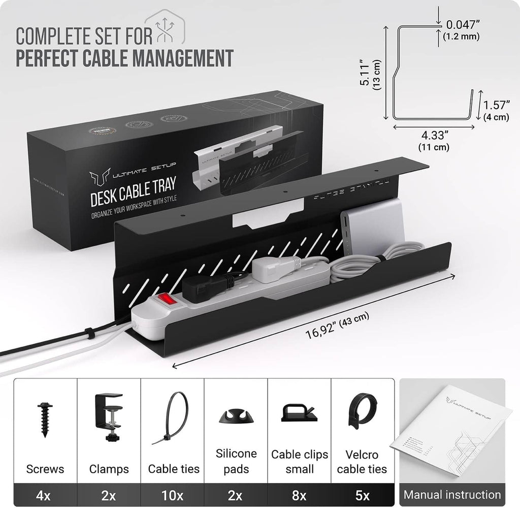 Black desk cable management tray kit with screws, clamps, cable ties, and cable clips