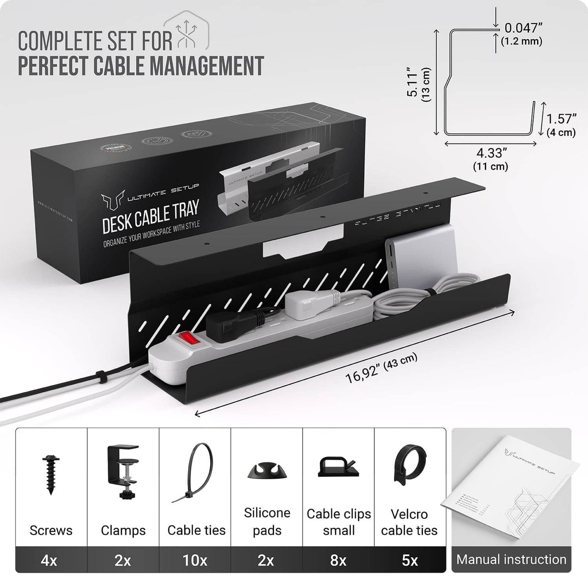 Black desk cable management tray kit with screws, clamps, cable ties, and cable clips