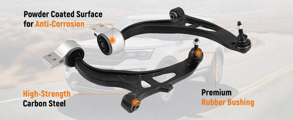 Powder-coated front control arms with ball joints and rubber bushings, black and silver parts