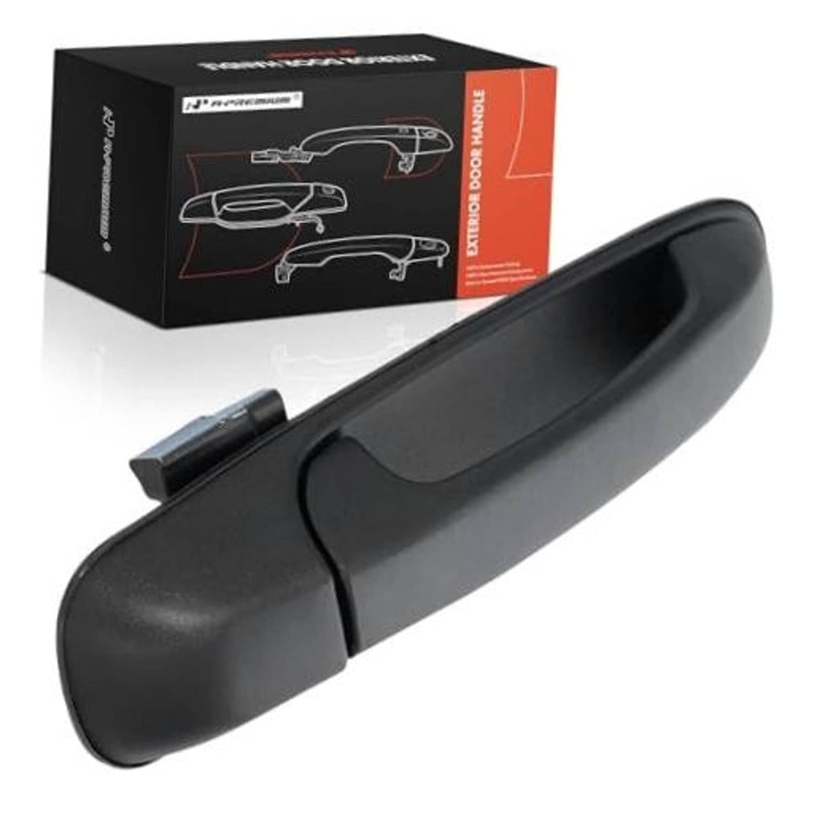 Textured black front exterior door handle with mounting tab