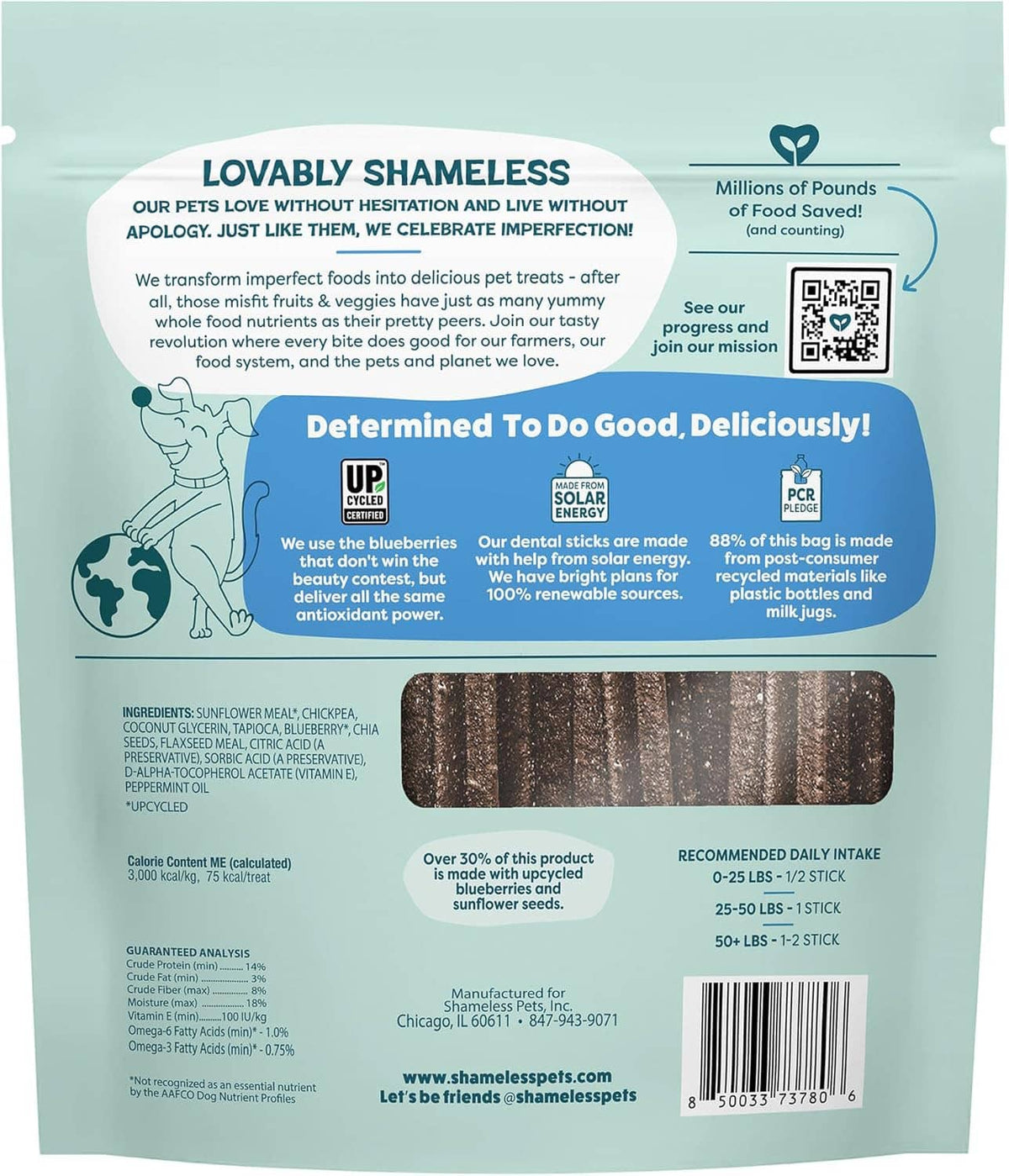 Back of a dog dental chew bag with ingredient and certification details and a barcode.