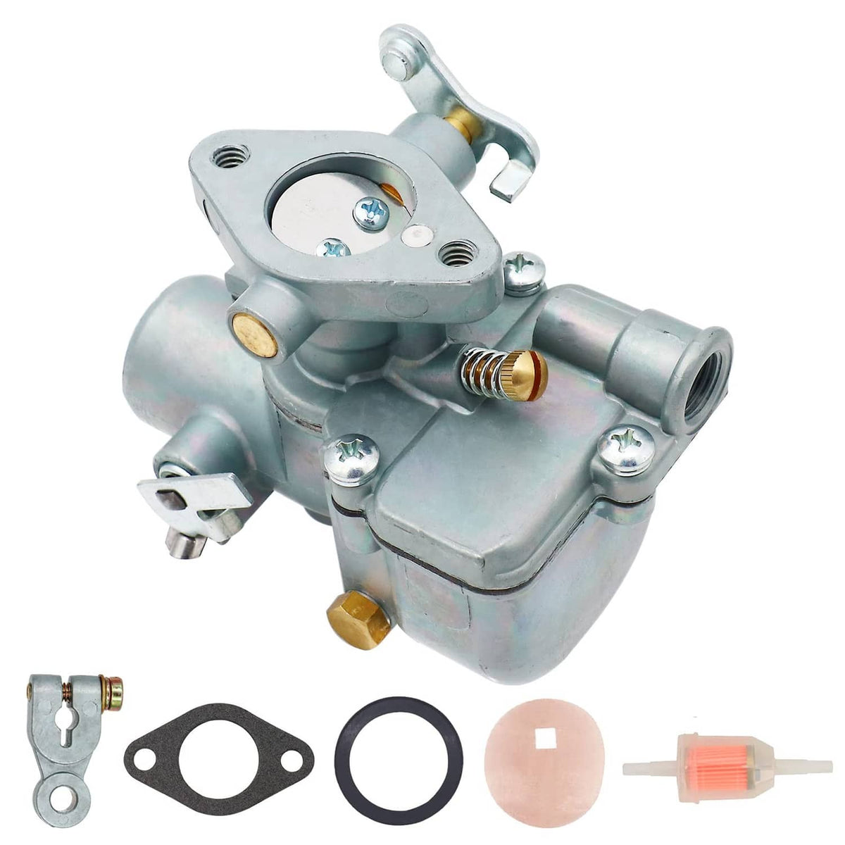 Carburetor assembly close side view with fuel outlet and adjustment screw