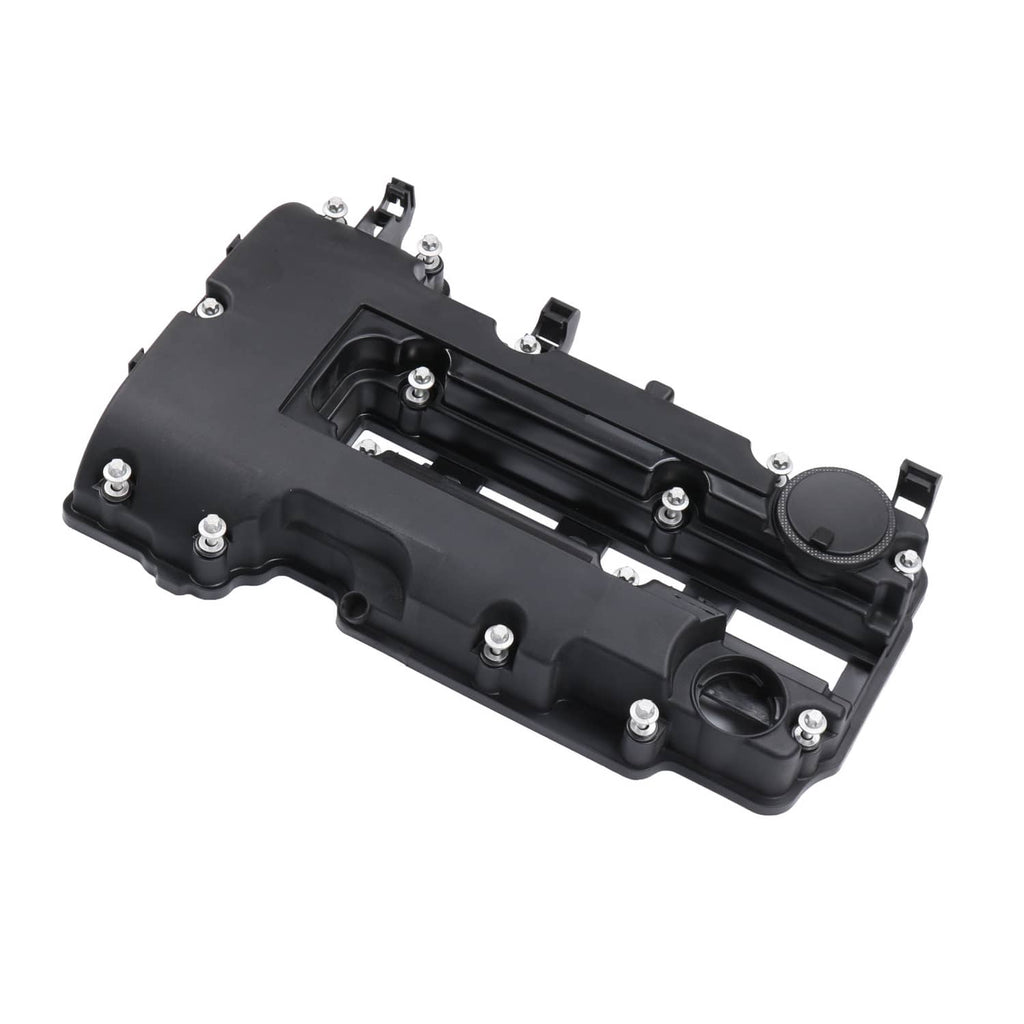 Black camshaft valve cover with mounting bolts and circular cap, angled view