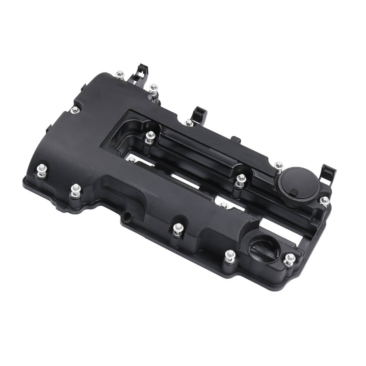 Black camshaft valve cover with mounting bolts and circular cap, angled view