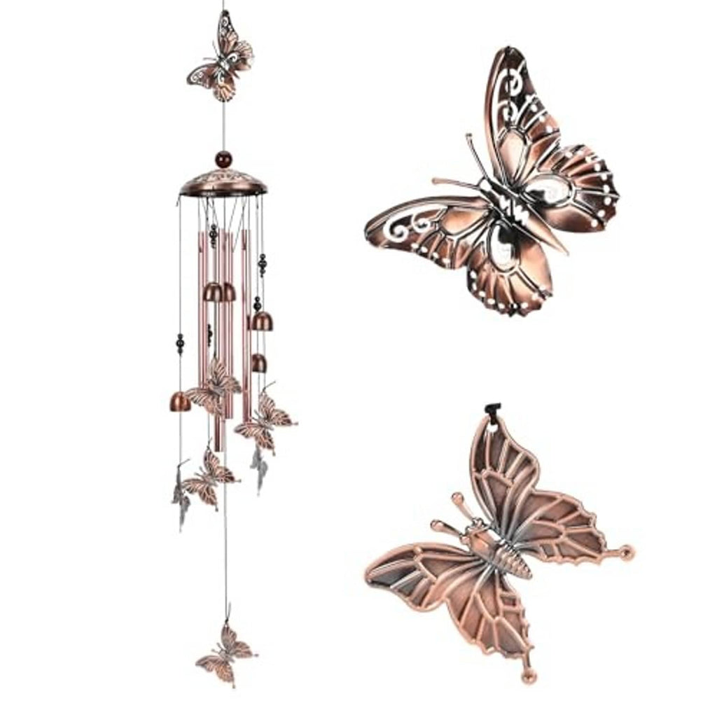 Copper-tone wind chime featuring butterfly ornaments and dangling metal tube chimes
