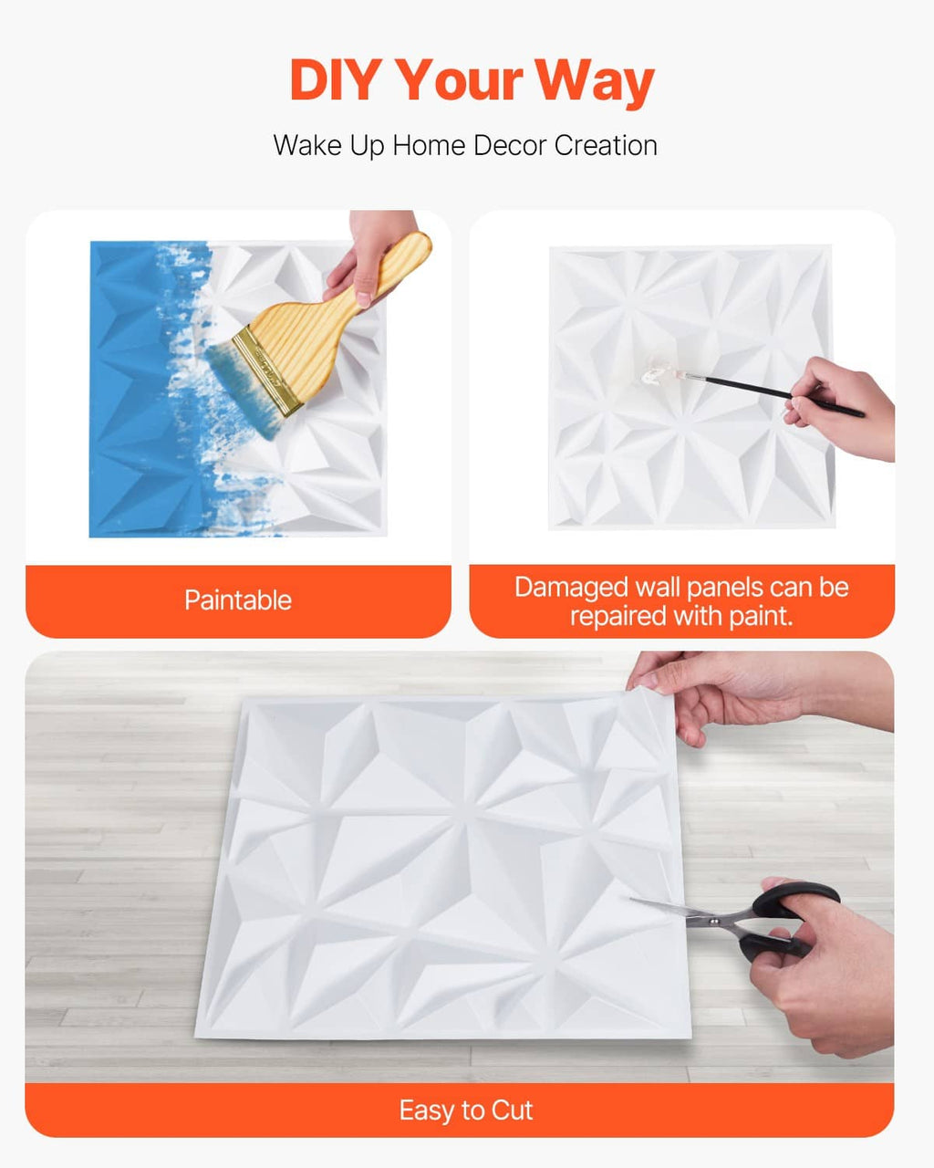 White 3D diamond wall panel sheet for DIY cut and installation, embossed texture