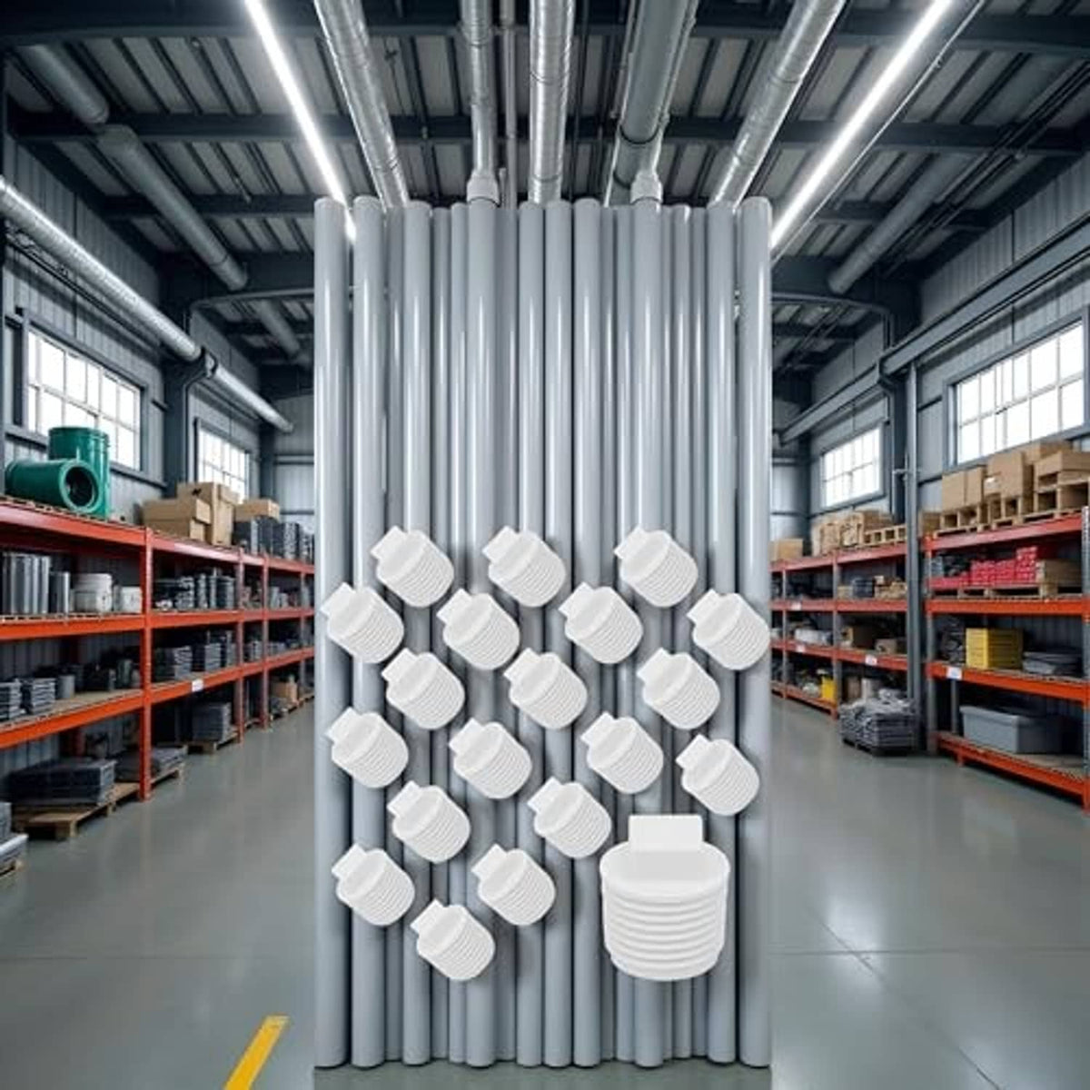 White PVC male thread plug adaptors stacked upright, ridged threaded caps on ends