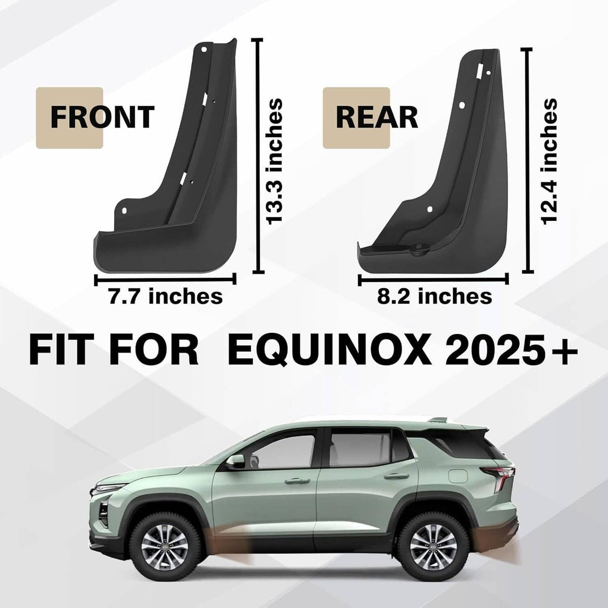 Front and rear black mud flaps with different lengths and mounting holes